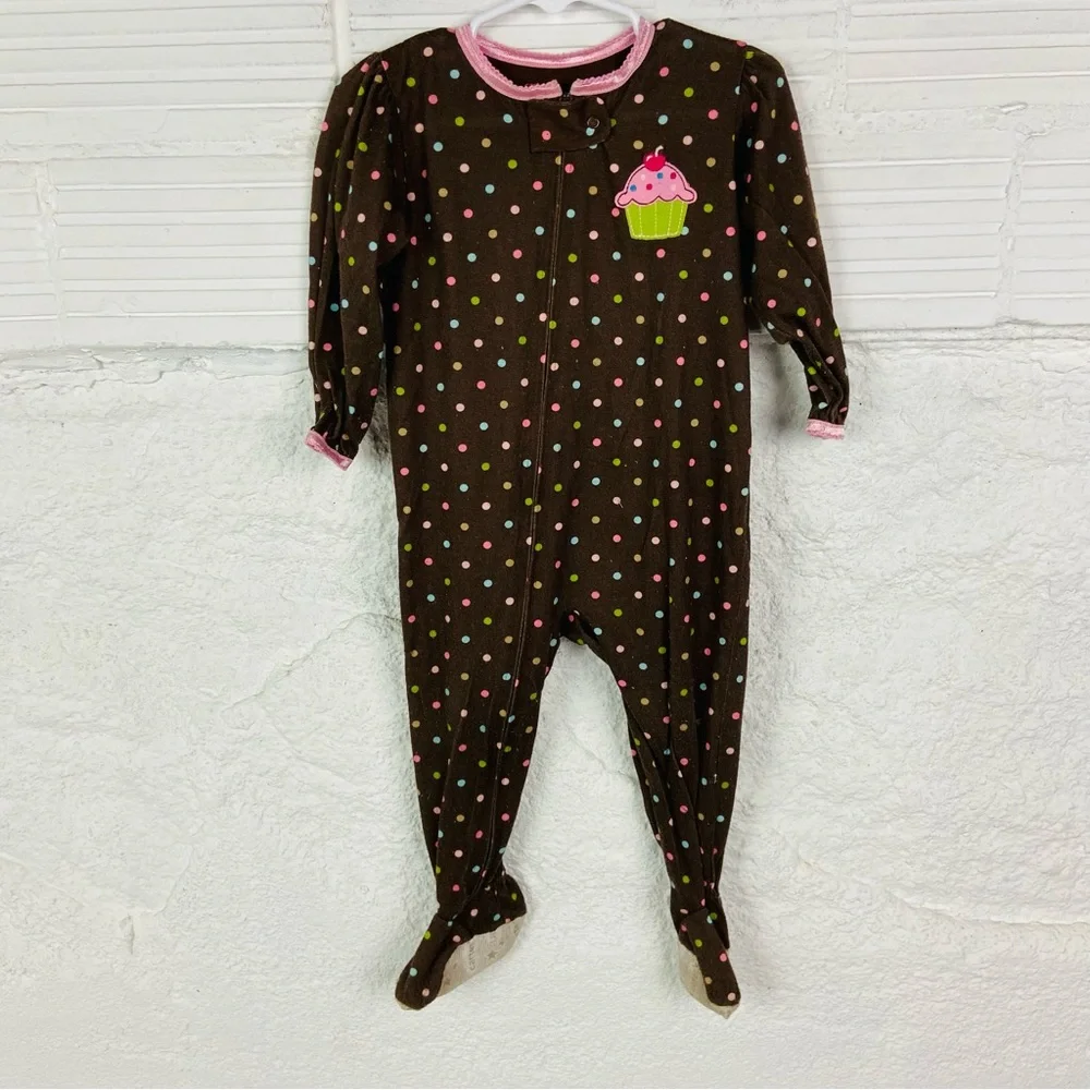 Carters Brown Polka Dot Kids One Piece footie pj with Cupcake Design size 18 M